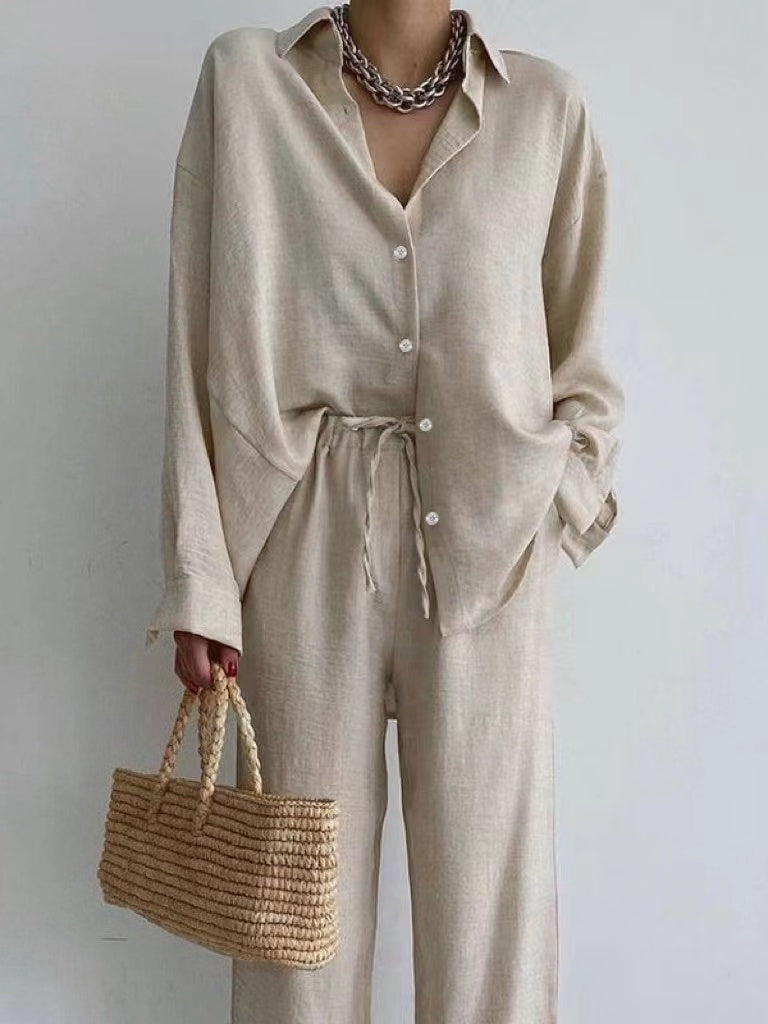 Ensemble femme en lin chemise boutonnée et pantalon large à taille élastique