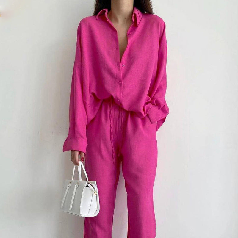 Ensemble femme en lin chemise boutonnée et pantalon large à taille élastique