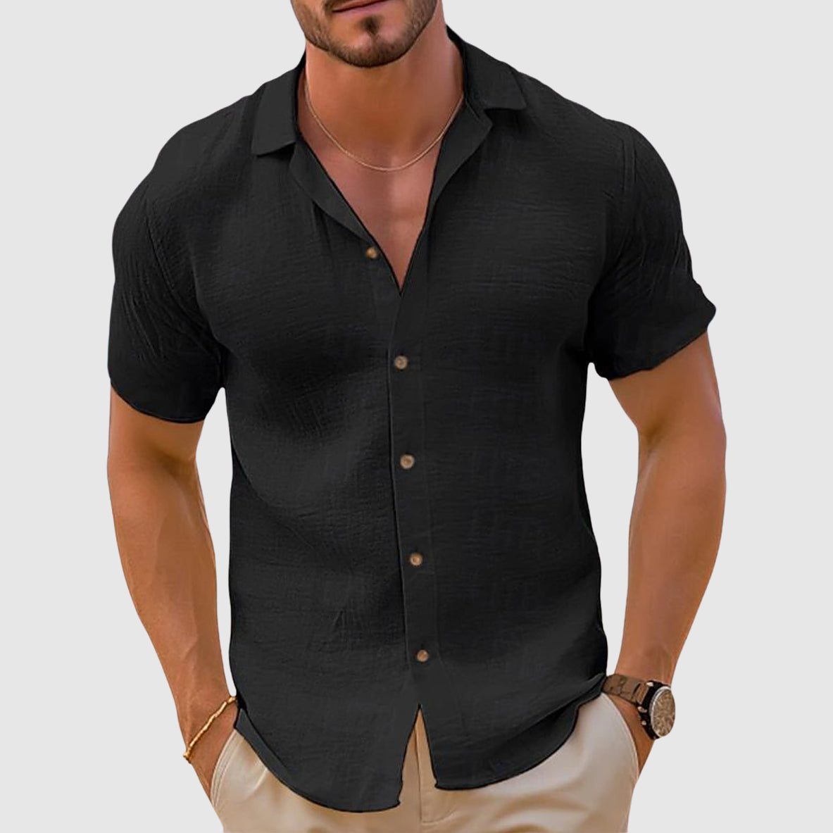 Chemise homme manches courtes coupe ajustée col ouvert boutonnée été décontractée