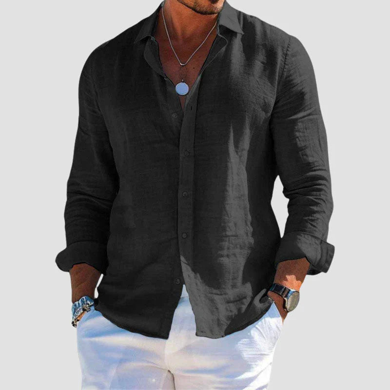 Chemise homme lin manches longues boutonnée col italien coupe décontractée