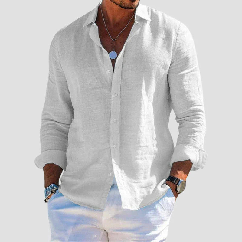 Chemise homme lin manches longues boutonnée col italien coupe décontractée