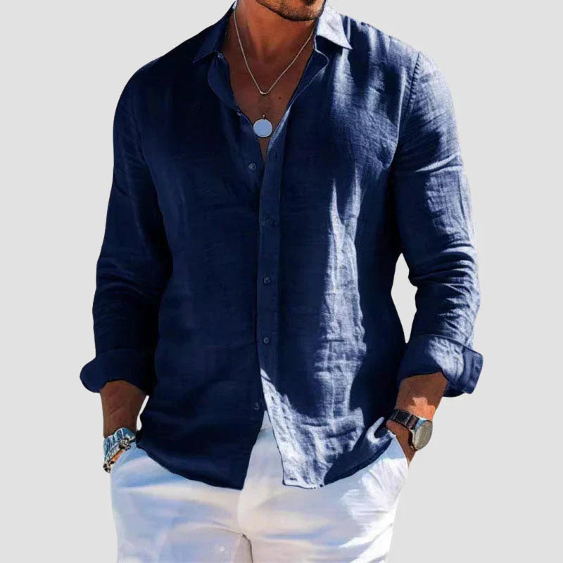 Chemise homme lin manches longues boutonnée col italien coupe décontractée