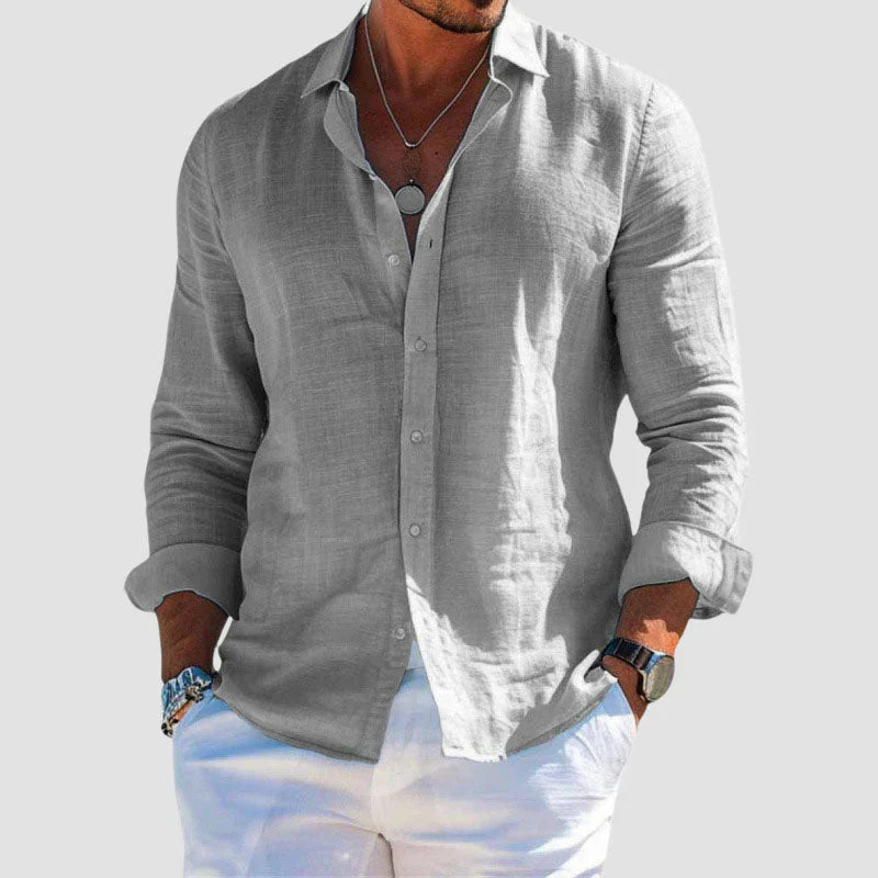 Chemise homme lin manches longues boutonnée col italien coupe décontractée
