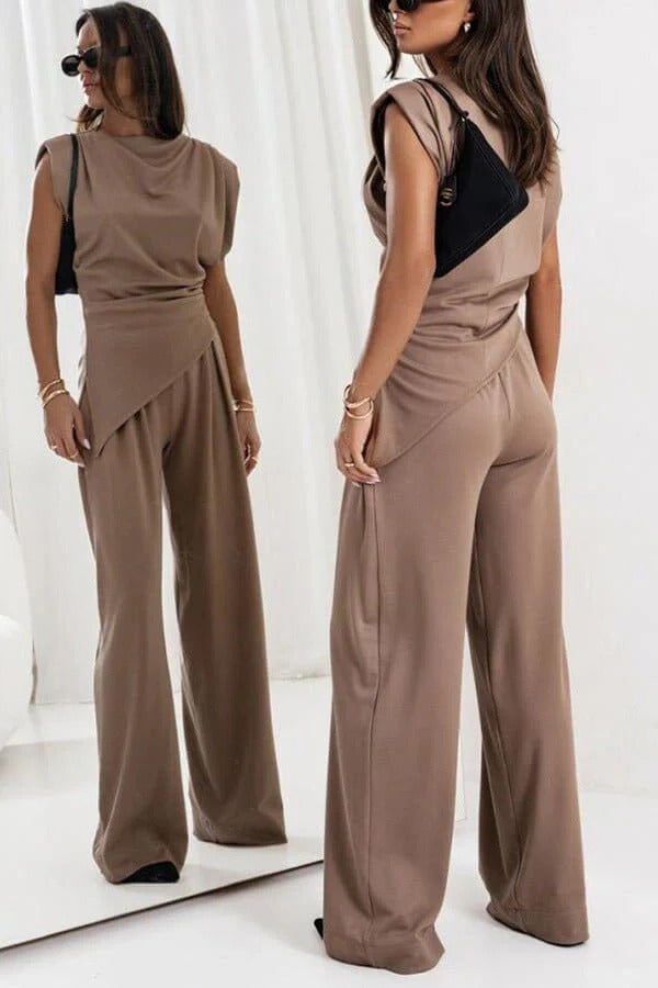 Ensemble deux pièces femme top drapé sans manches pantalon large taille haute fluide