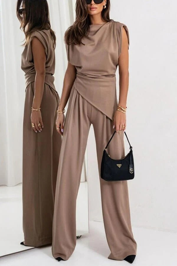 Ensemble deux pièces femme top drapé sans manches pantalon large taille haute fluide