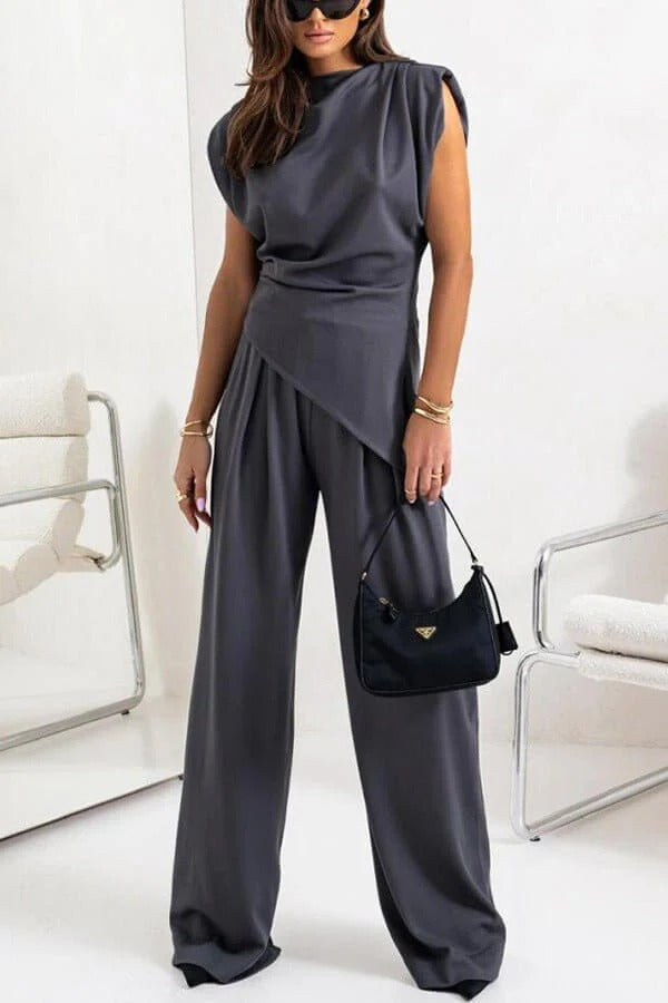 Ensemble deux pièces femme top drapé sans manches pantalon large taille haute fluide