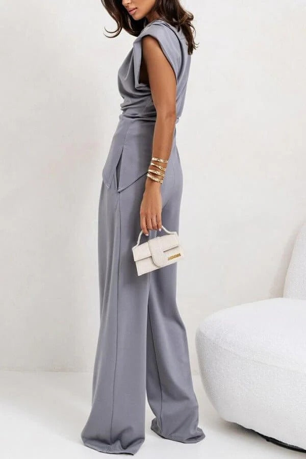 Ensemble deux pièces femme top drapé sans manches pantalon large taille haute fluide