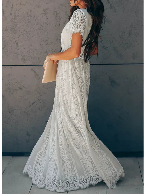 Robe longue dentelle femme col V manches courtes style bohème élégante
