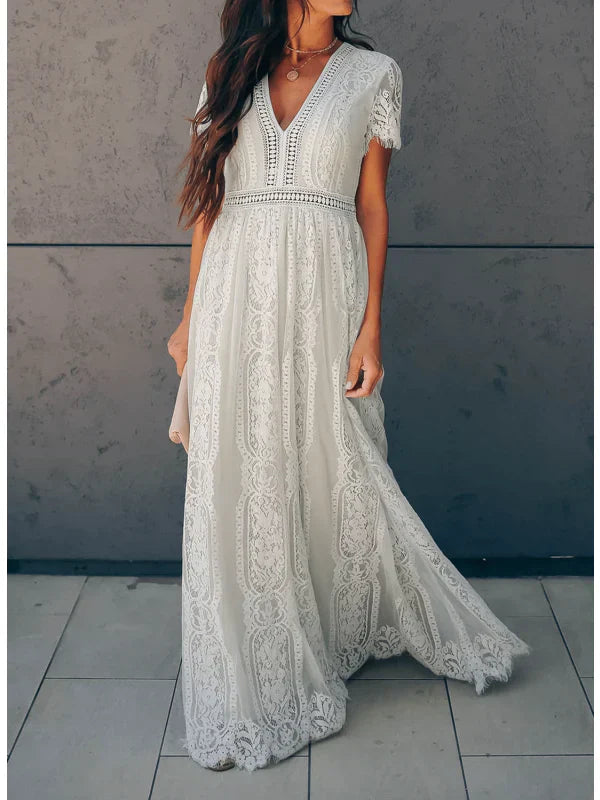 Robe longue dentelle femme col V manches courtes style bohème élégante