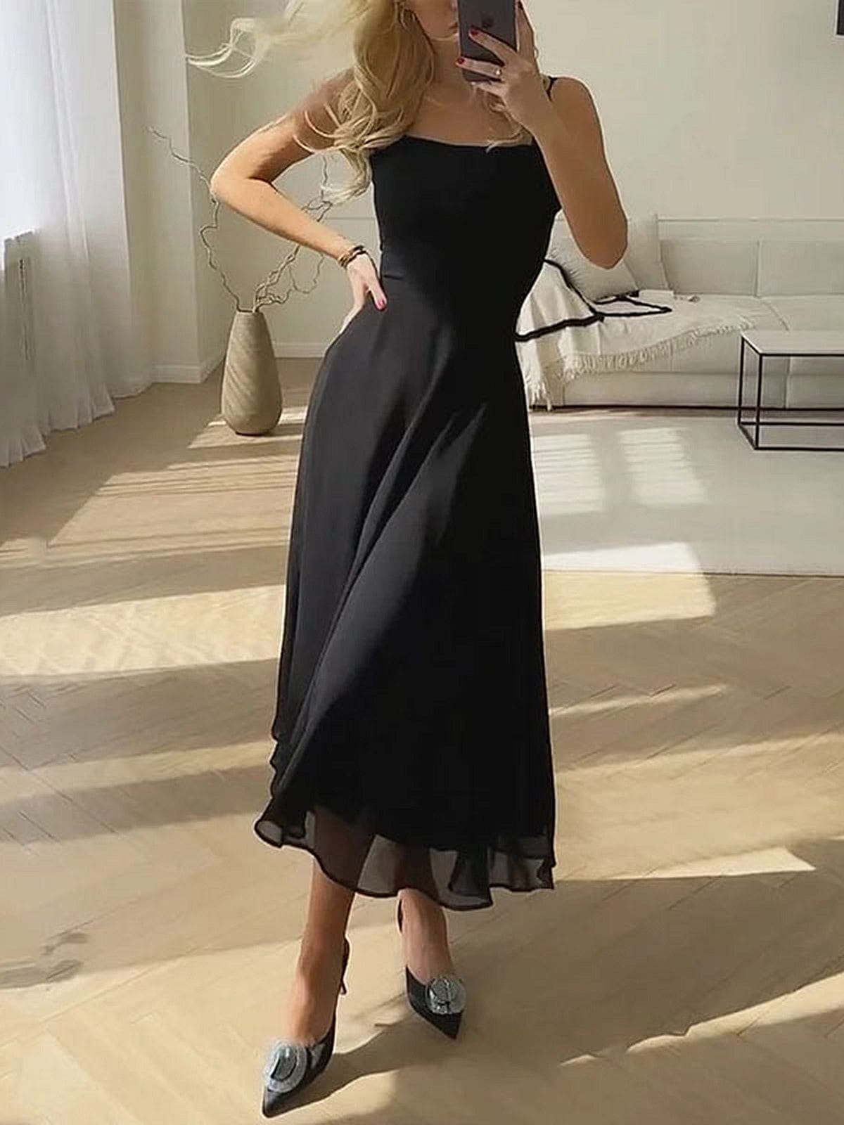 Robe midi femme coupe trapèze col carré sans manches élégante fluide