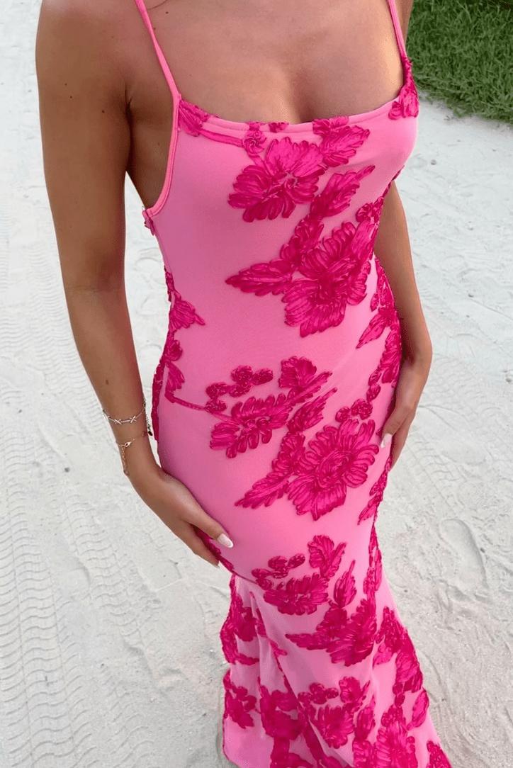 Robe longue femme moulante imprimé floral bretelles fines coupe sirène
