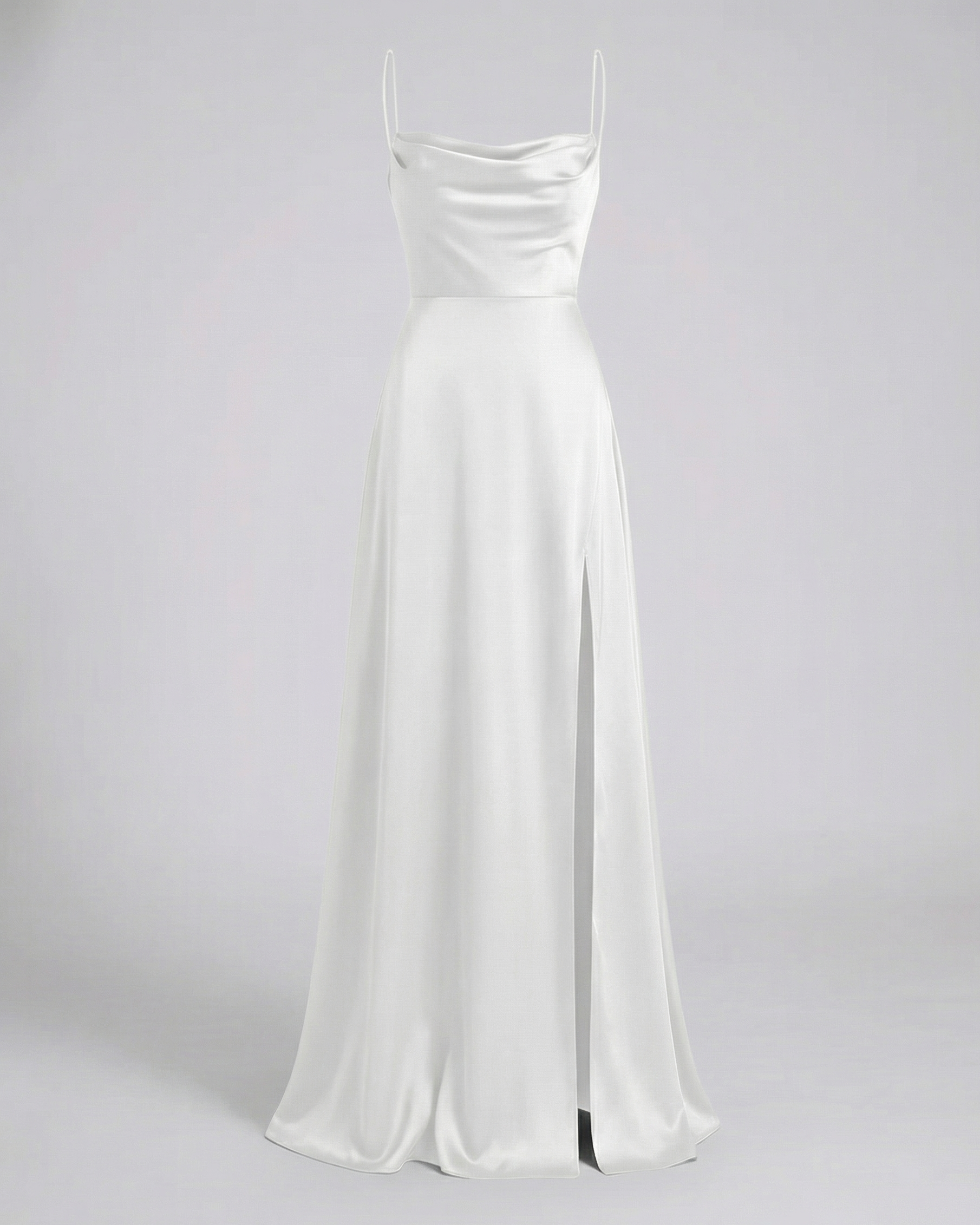 Robe longue femme satin col bénitier fente haute fines bretelles