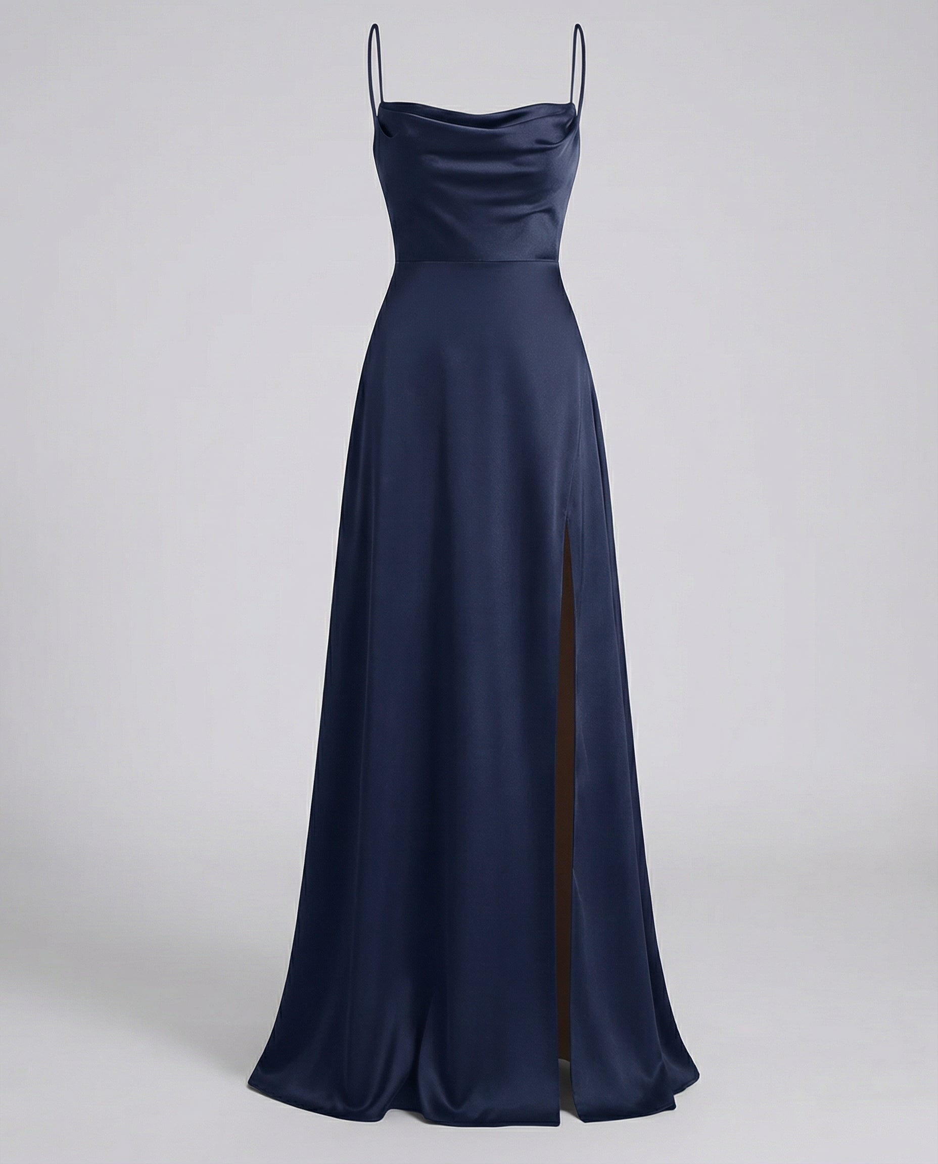 Robe longue femme satin col bénitier fente haute fines bretelles