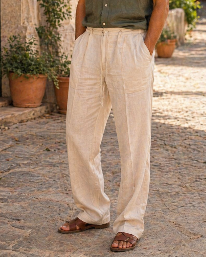 Pantalon en lin homme coupe droite à cordon style décontracté été respirant