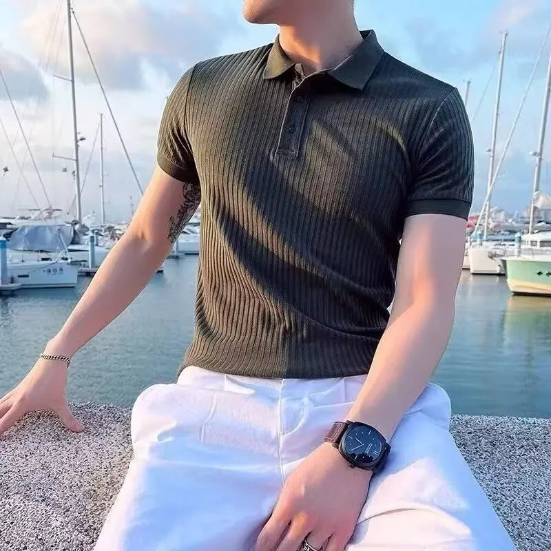 Polo homme maille côtelée manches courtes col boutonné coupe ajustée