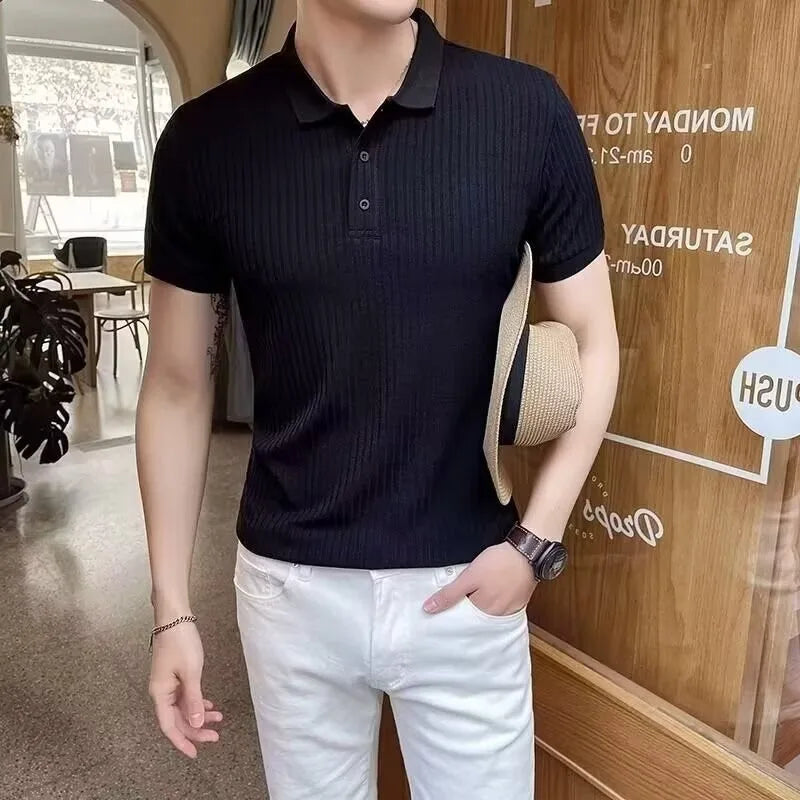 Polo homme maille côtelée manches courtes col boutonné coupe ajustée
