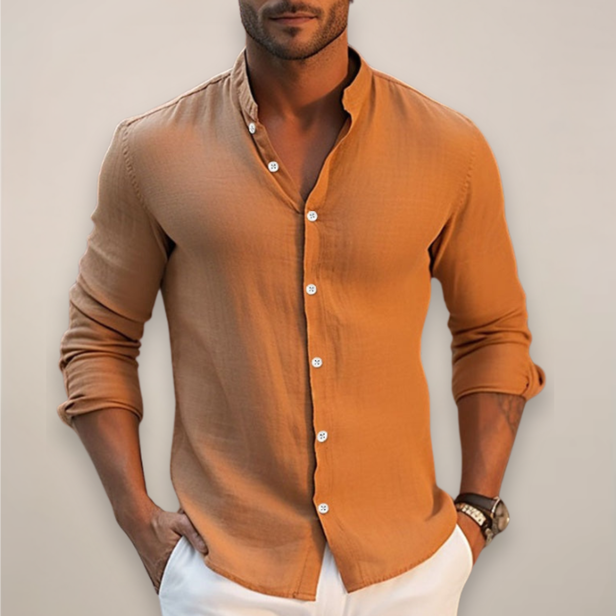 Chemise homme lin coton manches longues boutonnée col classique slim casual