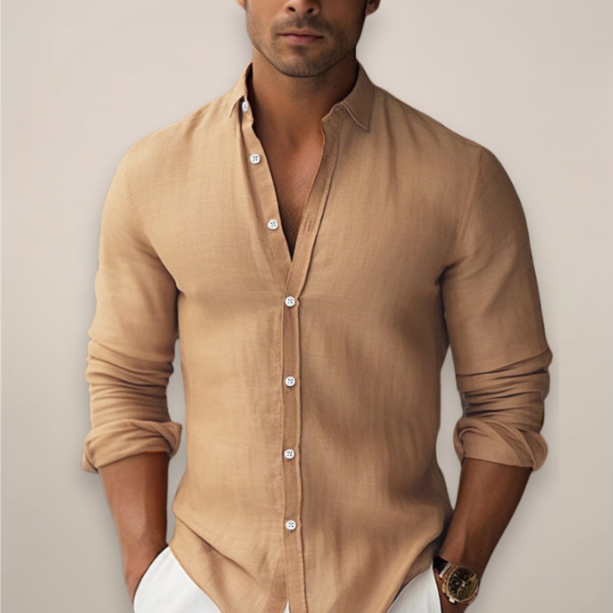 Chemise homme lin coton manches longues boutonnée col classique slim casual