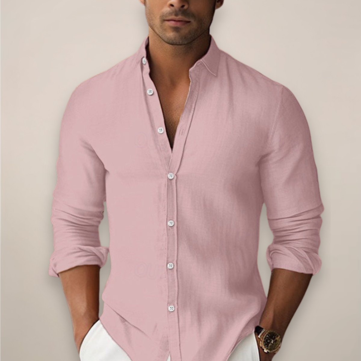 Chemise homme lin coton manches longues boutonnée col classique slim casual