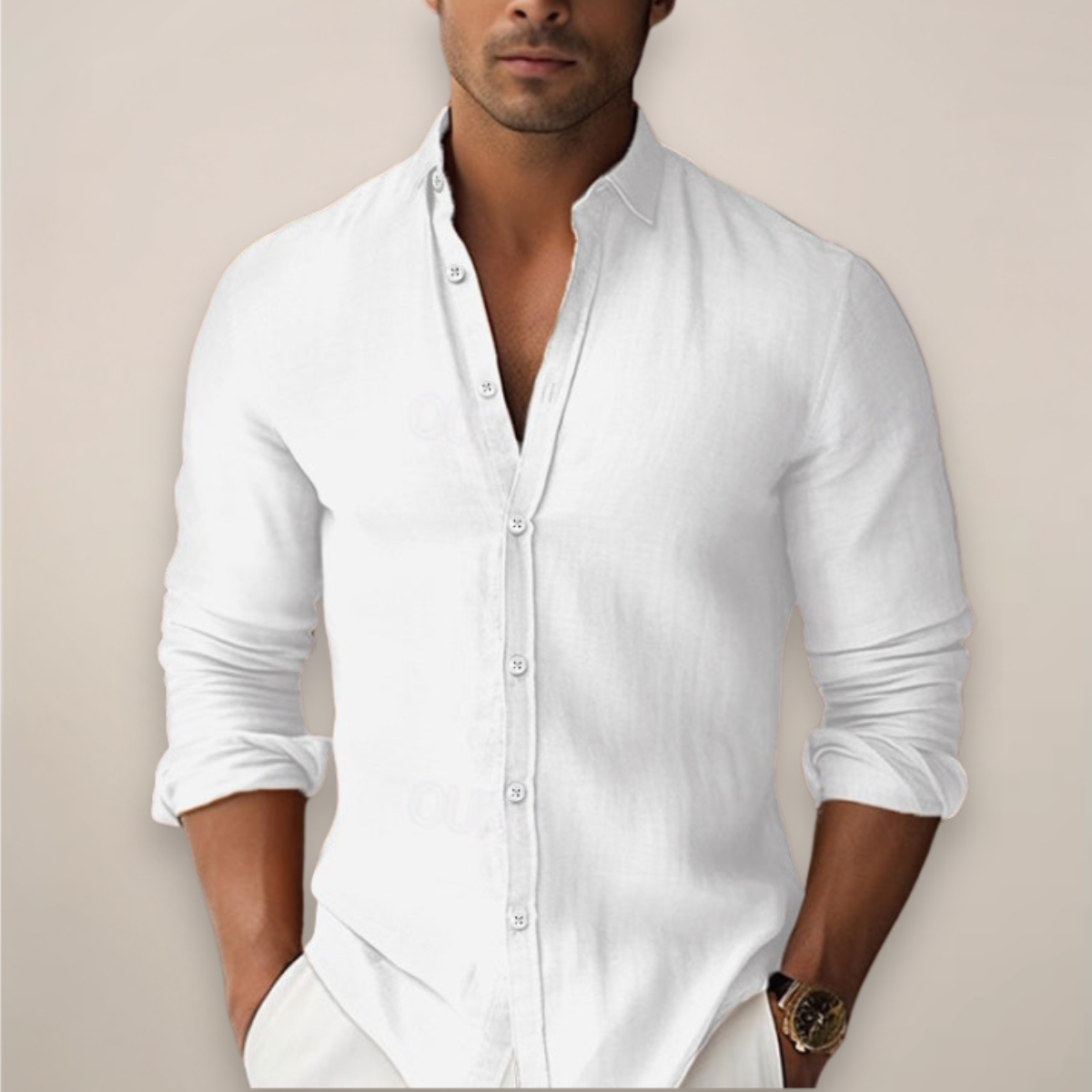 Chemise homme lin coton manches longues boutonnée col classique slim casual