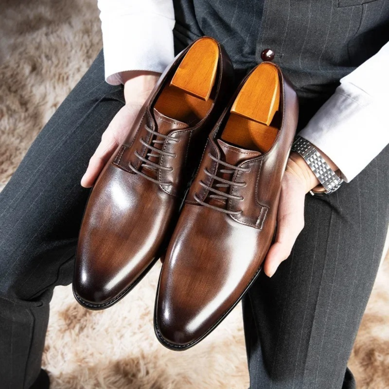Chaussures oxford homme cuir lisse à lacets bout rond mariage