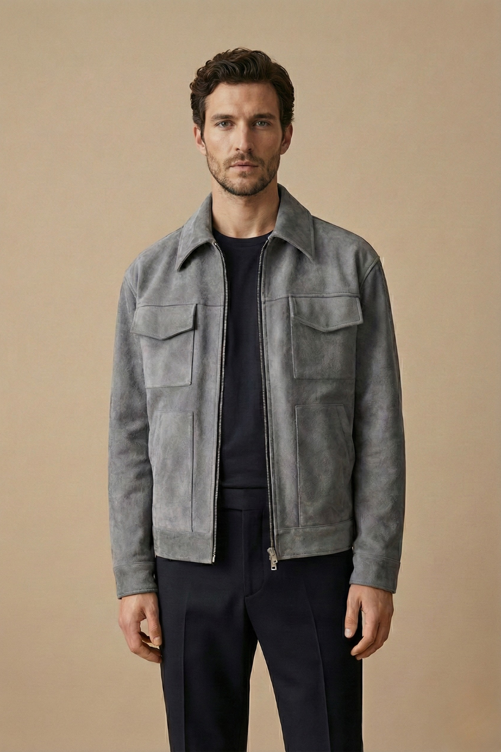 Veste homme zippée coupe droite poches poitrine style utilitaire classique
