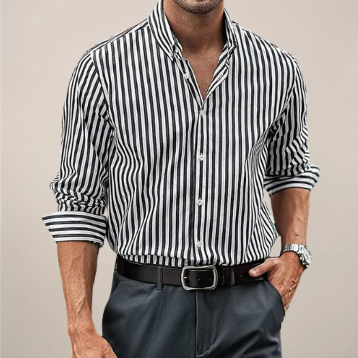 Chemise homme rayée manches longues coupe ajustée col boutonné