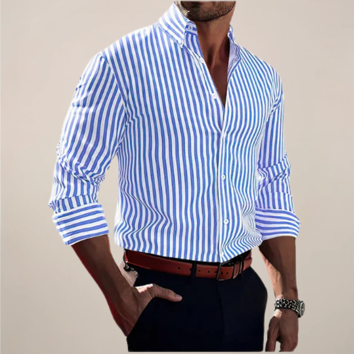 Chemise homme rayée manches longues coupe ajustée col boutonné