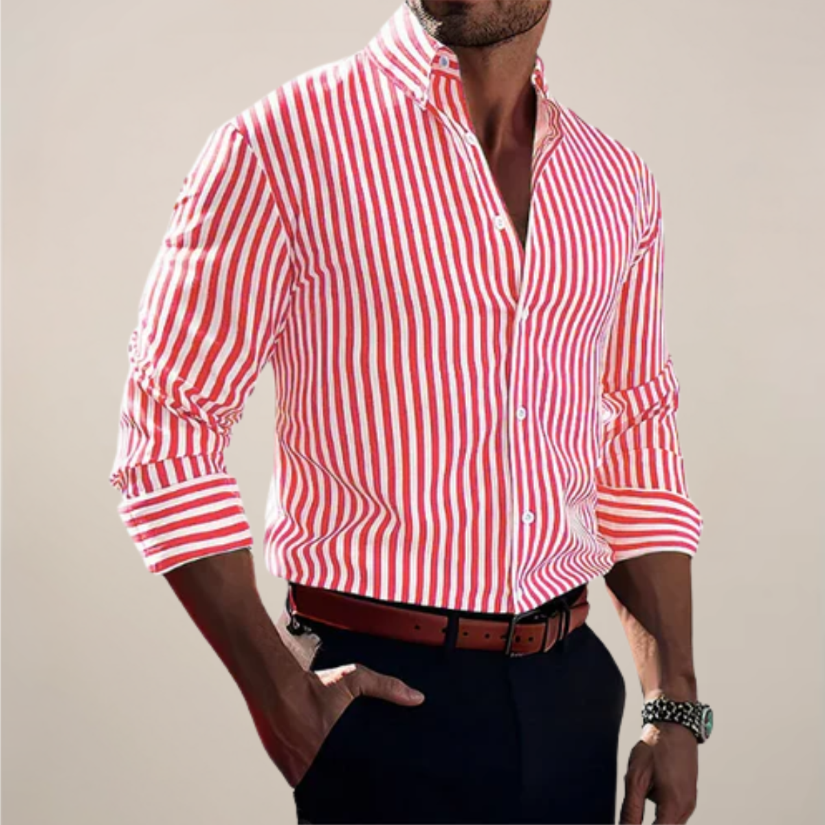 Chemise homme rayée manches longues coupe ajustée col boutonné