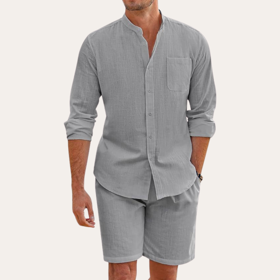 Ensemble homme été chemise manches longues short col mao coupe décontractée