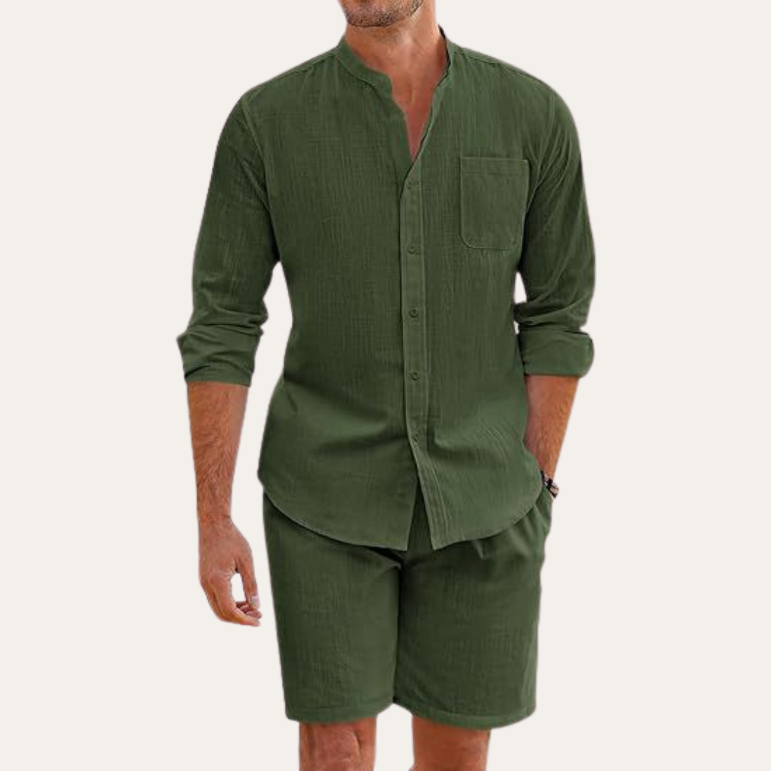 Ensemble homme été chemise manches longues short col mao coupe décontractée