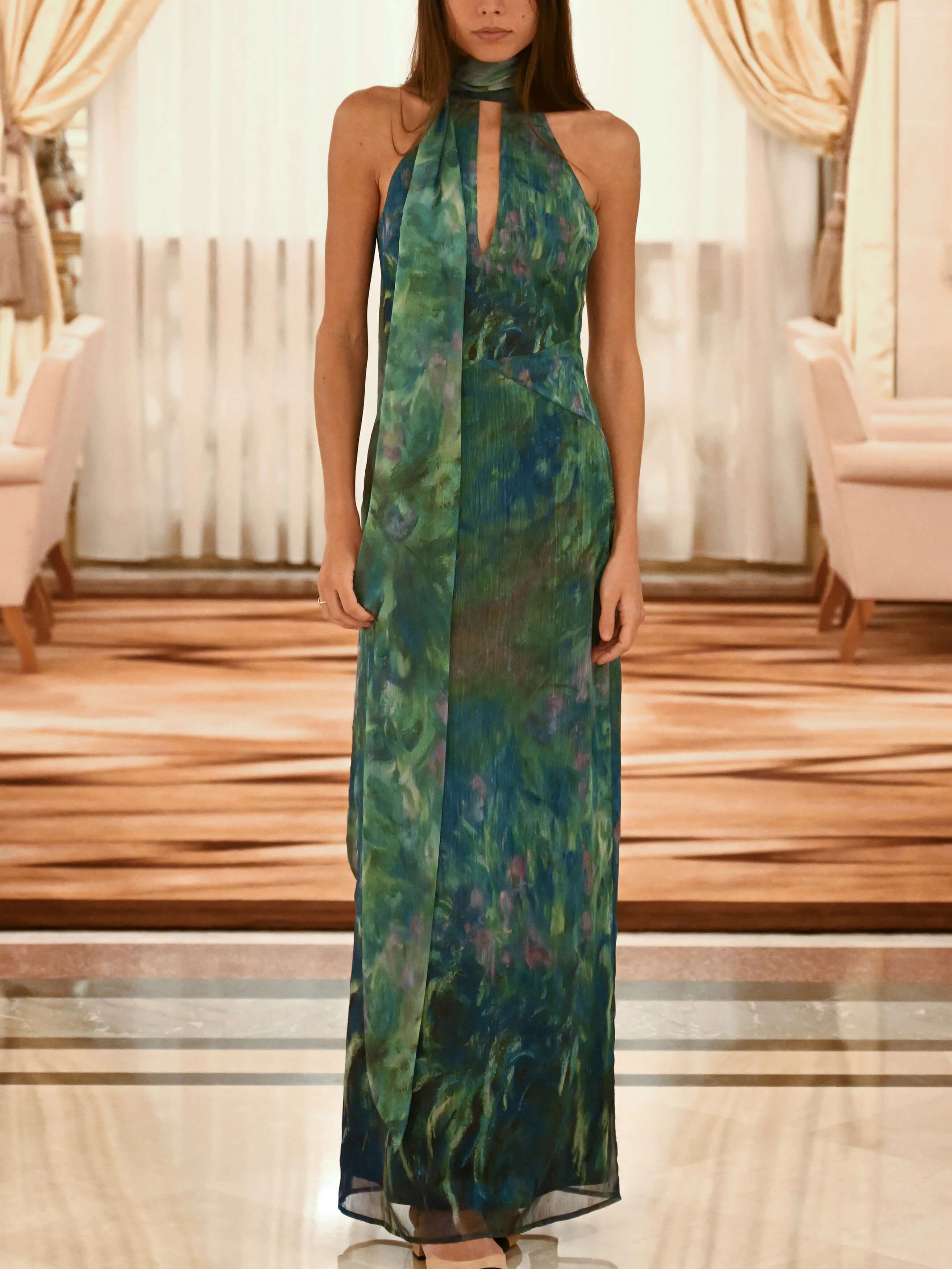 Robe longue femme col halter sans manches coupe ajustée imprimé floral