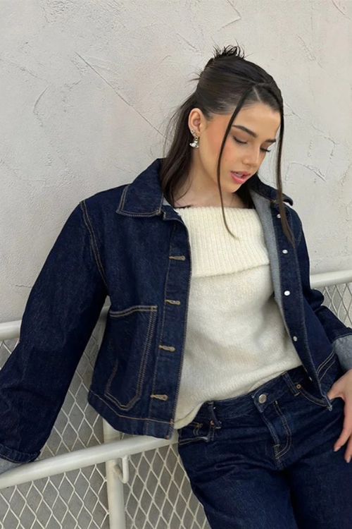 Ensemble femme jean veste courte boutonnée jupe short taille haute coupe droite