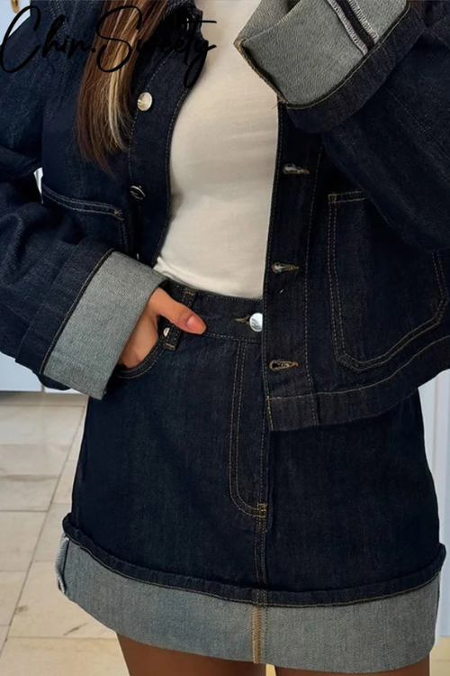 Ensemble femme jean veste courte boutonnée jupe short taille haute coupe droite