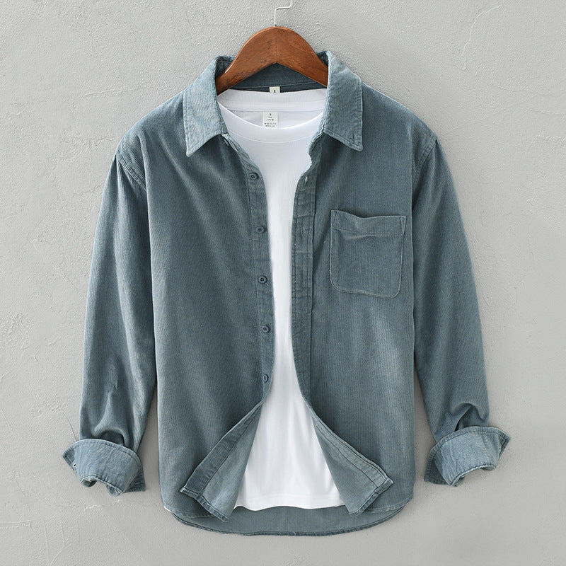 Chemise homme velours côtelé manches longues coupe droite avec poche poitrine
