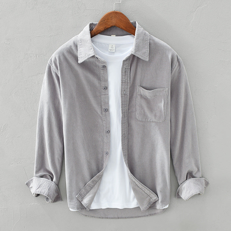 Chemise homme velours côtelé manches longues coupe droite avec poche poitrine