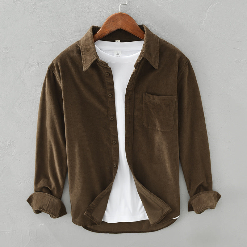 Chemise homme velours côtelé manches longues coupe droite avec poche poitrine