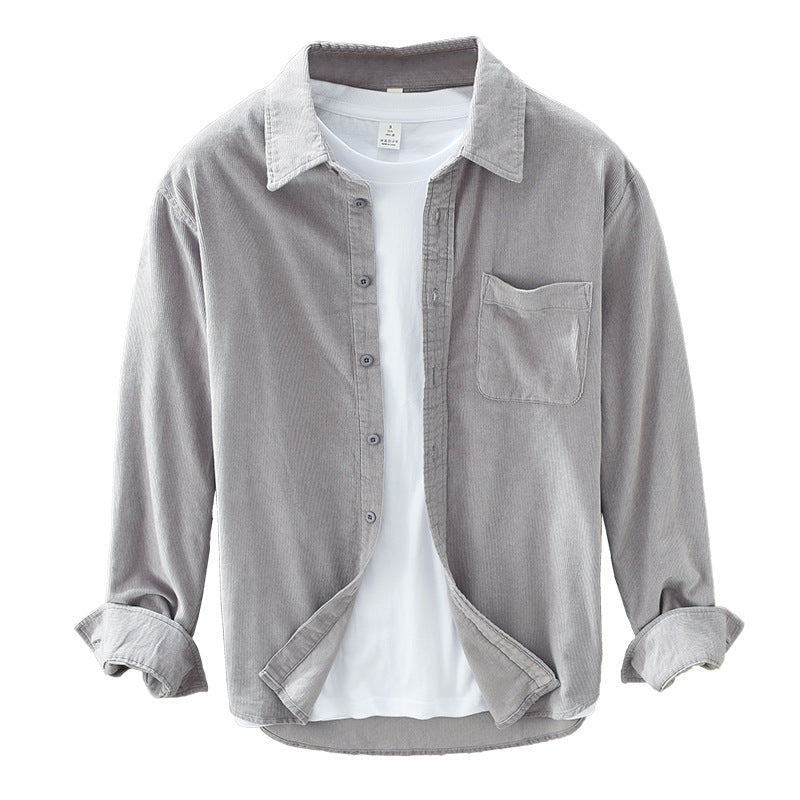 Chemise homme velours côtelé manches longues coupe droite avec poche poitrine