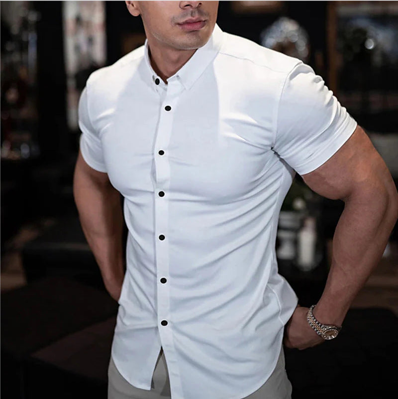 Chemise homme slim fit manches courtes col mao boutonnée coupe ajustée