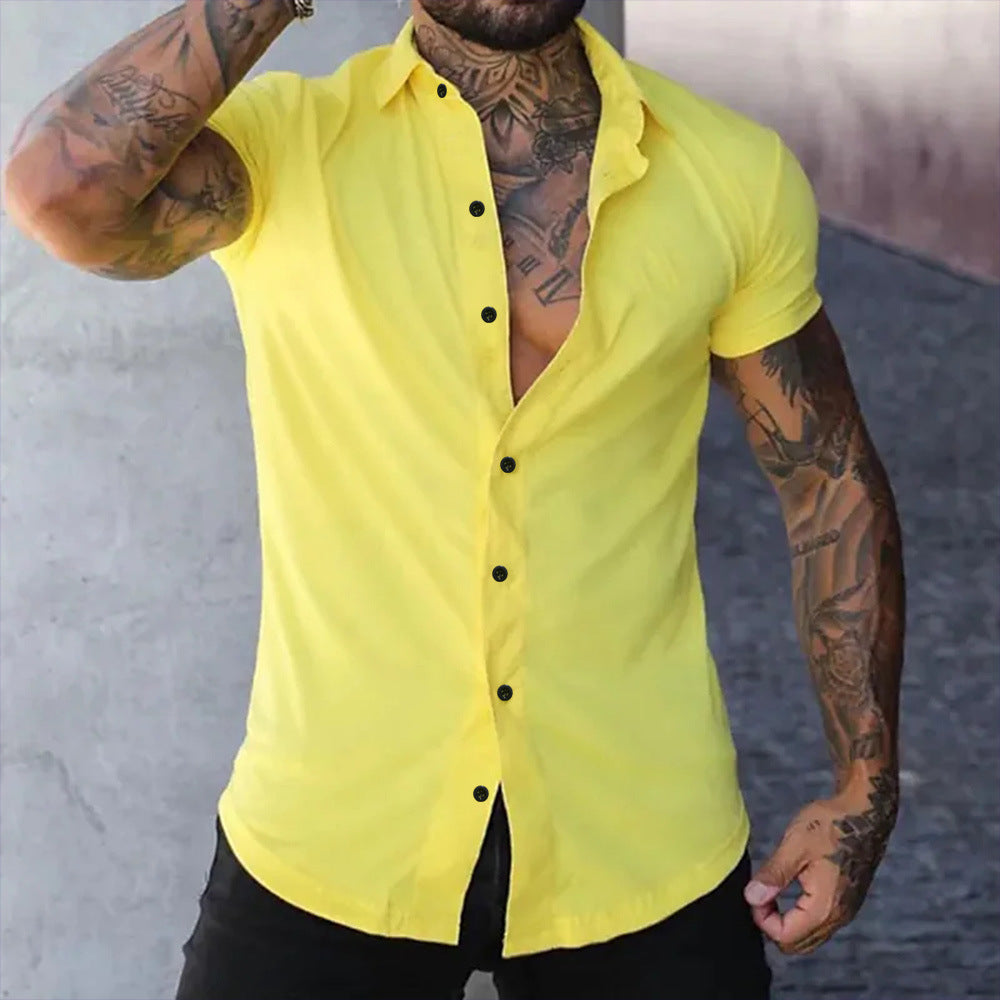 Chemise homme slim fit manches courtes col mao boutonnée coupe ajustée