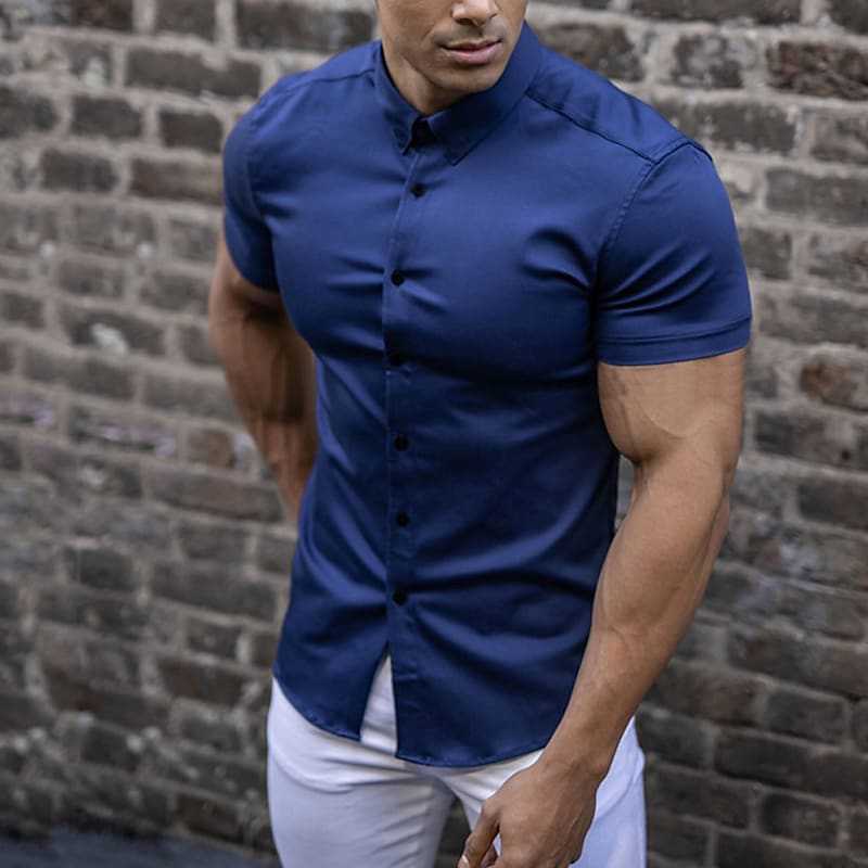 Chemise homme slim fit manches courtes col mao boutonnée coupe ajustée