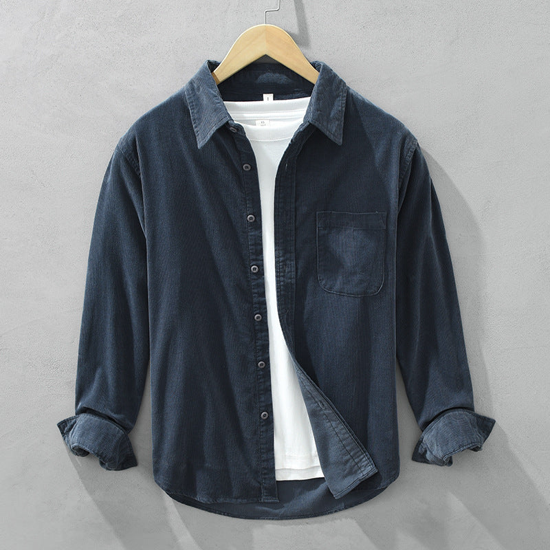 Chemise homme velours côtelé manches longues coupe droite avec poche poitrine