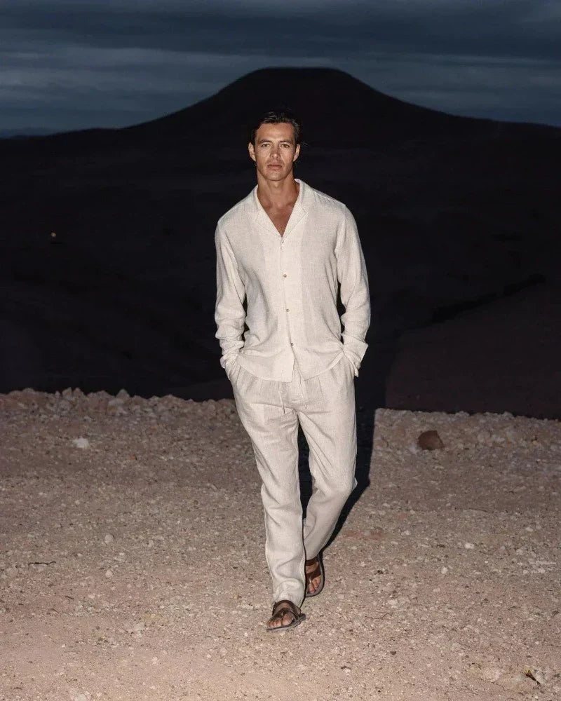 Ensemble lin homme 2 pièces chemise col revers pantalon droit été