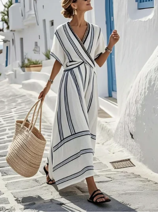Robe longue femme rayée col croisé manches courtes taille nouée