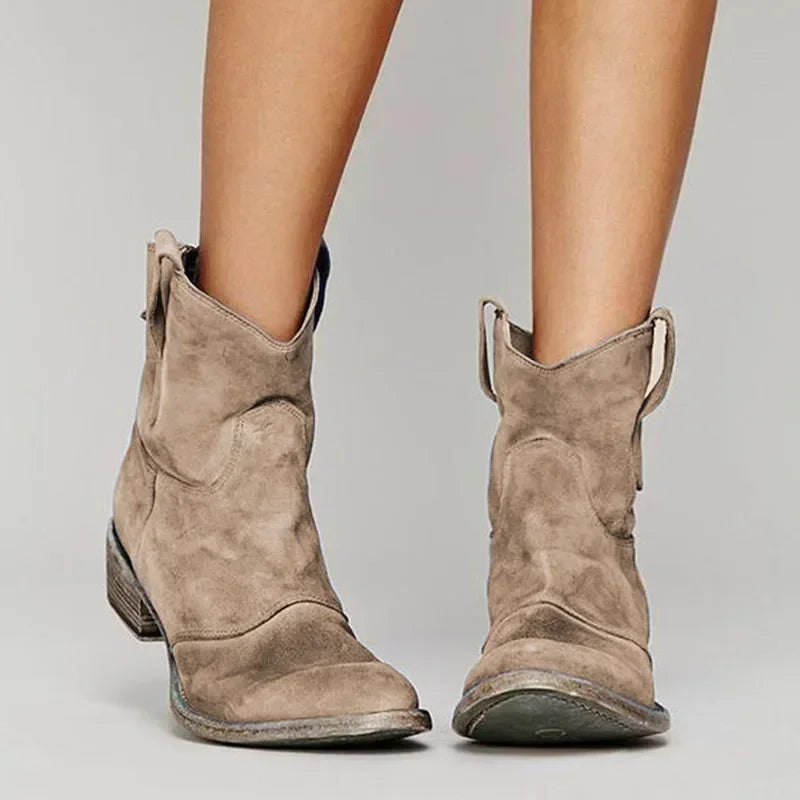 Bottines femme style western talon bas bout rond effet suédine casual