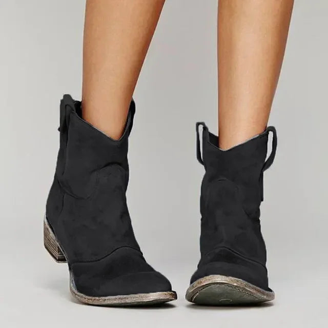 Bottines femme style western talon bas bout rond effet suédine casual