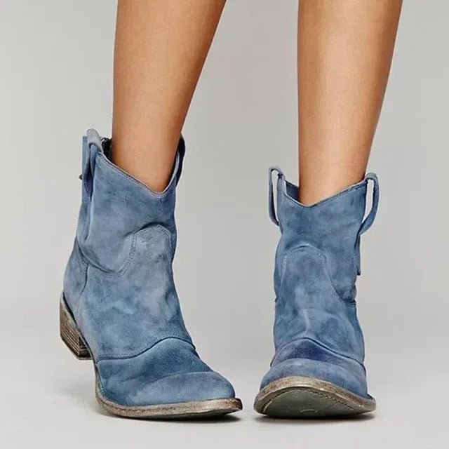 Bottines femme style western talon bas bout rond effet suédine casual
