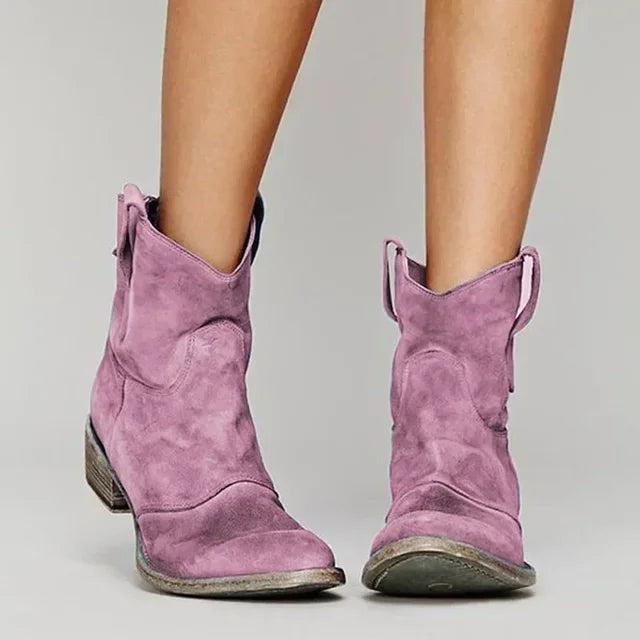 Bottines femme style western talon bas bout rond effet suédine casual