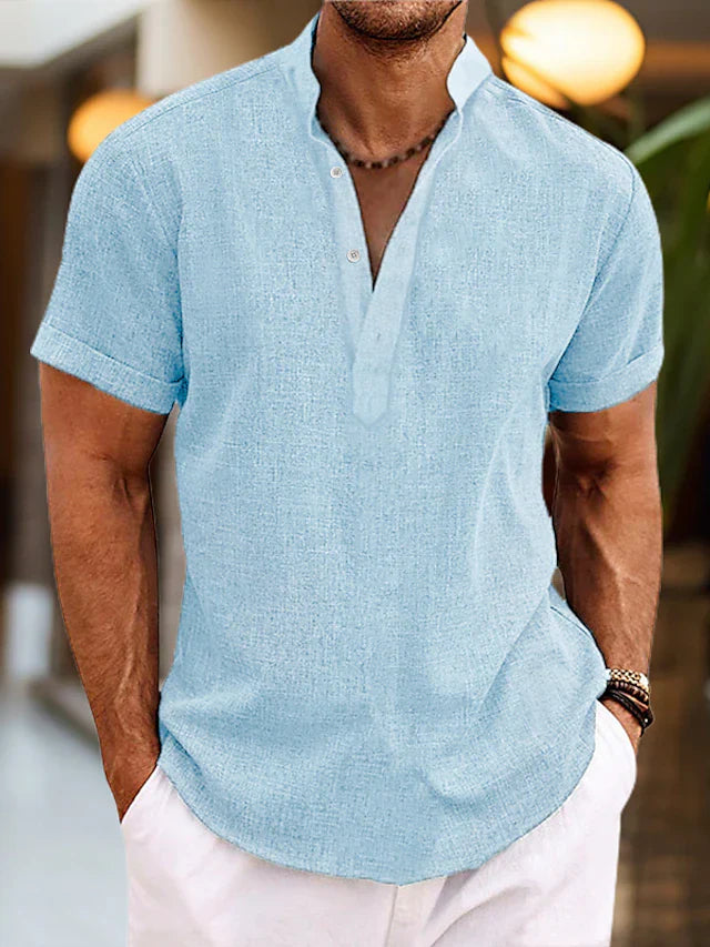 Polo homme manches courtes col tunisien coupe décontractée style été casual