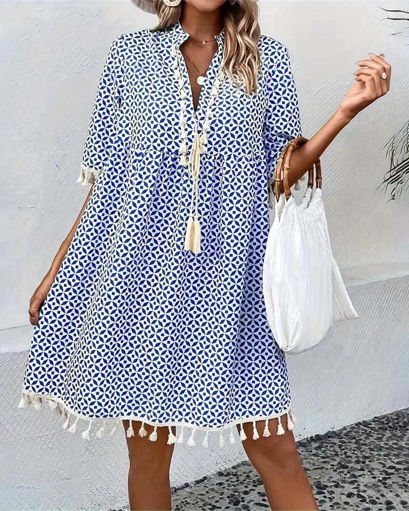 Robe tunique femme imprimé géométrique col V lacet pompons manches courtes coupe ample